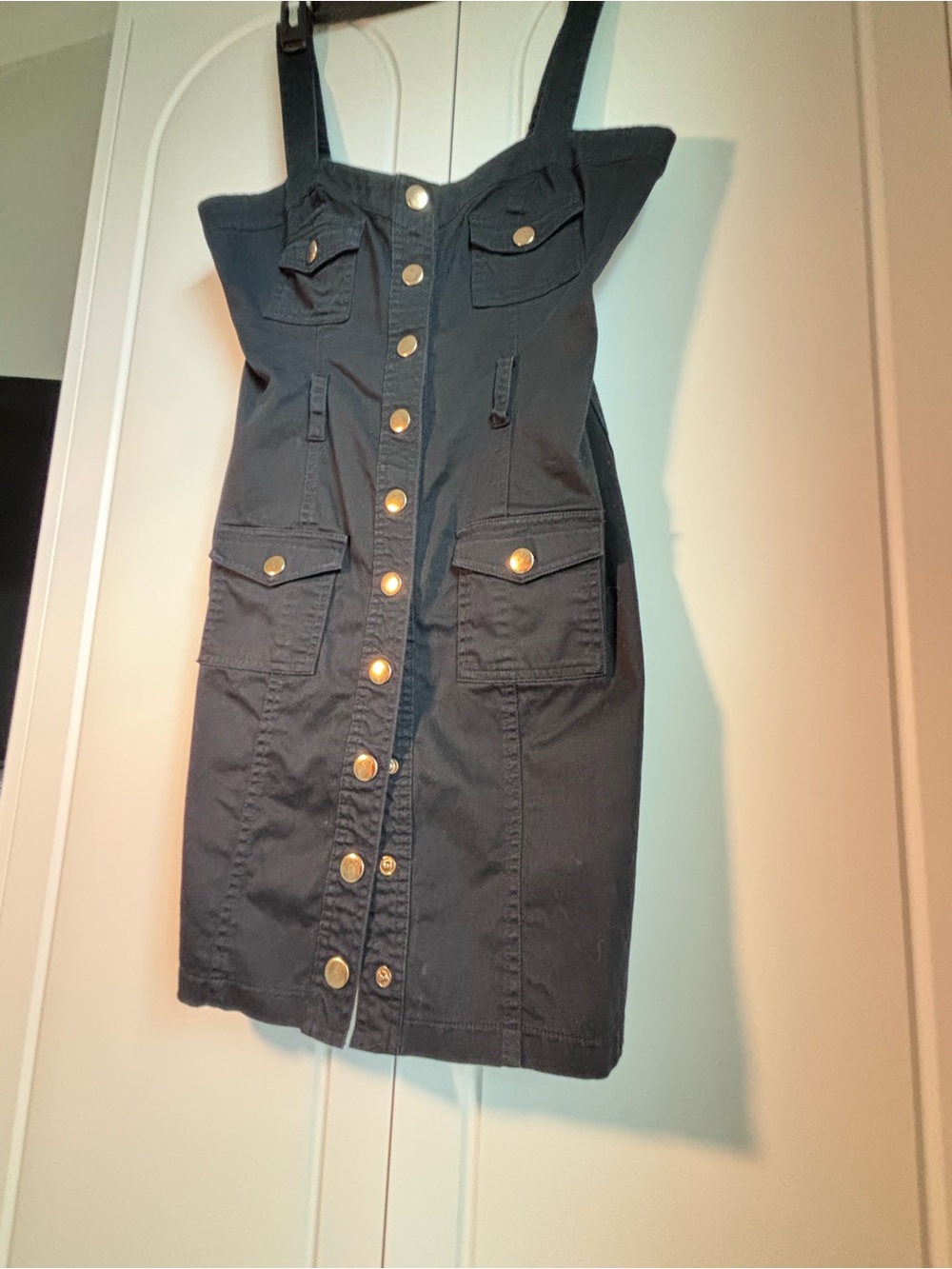 bebe Black Button-Front Utility Mini Dress